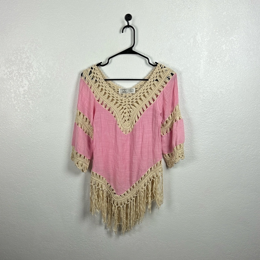Diri Classic Women’s Pink Tan Crochet Top Fringed Hem 3/4 Sleeve Sz L Hippie